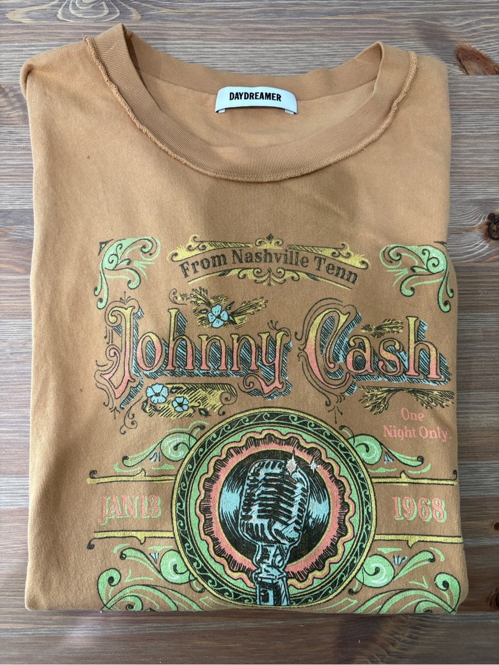 Daydreamer Johnny Cash Graphic Tee - Tan with Green & Pink Print